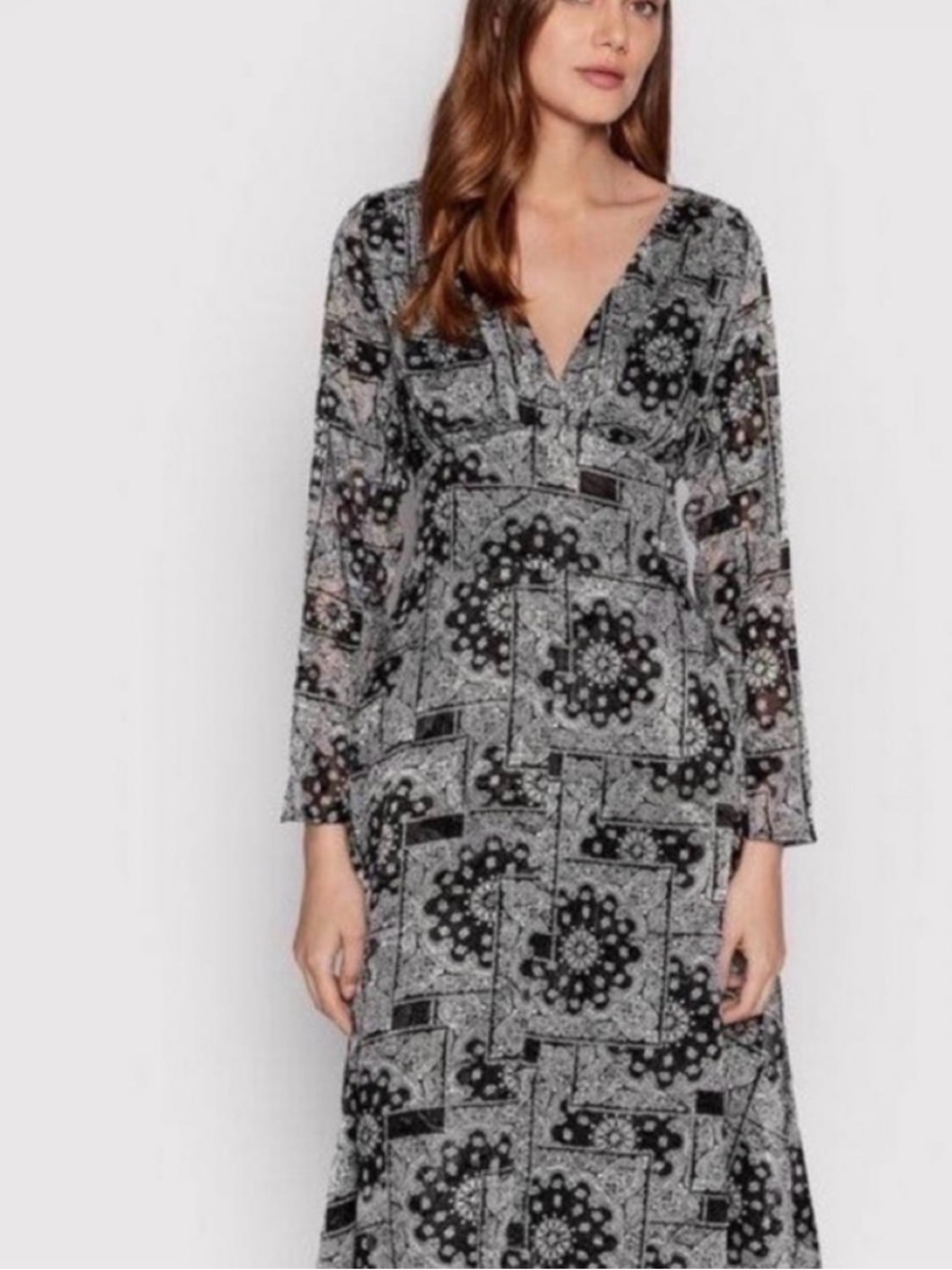 The Kooples Metallic Bandana Print Long Sleeve Midi Dress NEW | M